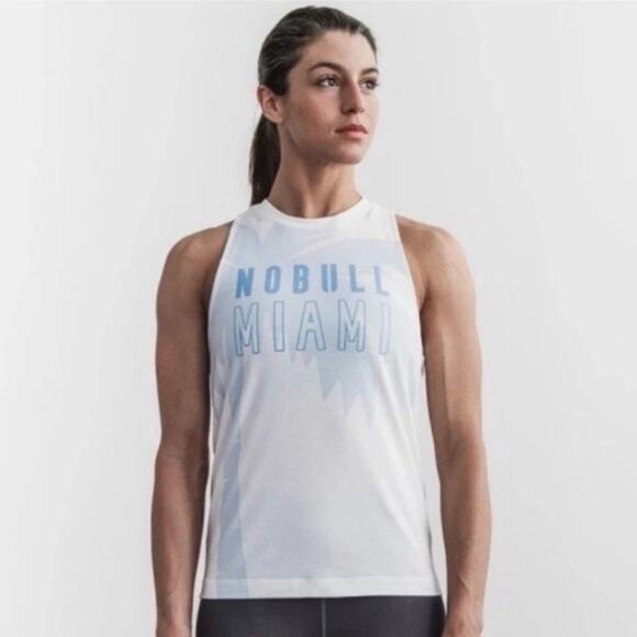 NoBull Women's Palm Tree Miami High Neck Muscle Top Tank Blue Size Medium - Picture 1 of 6